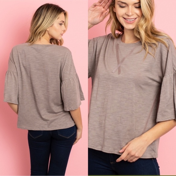 (19)New Flounce Sleeve Tan Tee - Picture 5 of 6